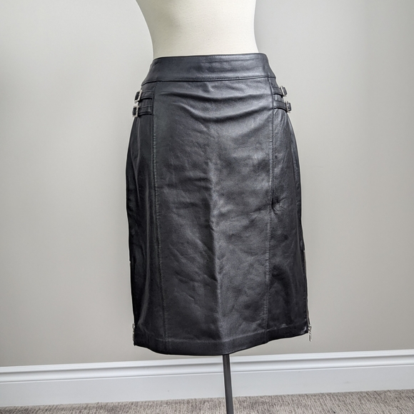 Danier Genuine Leather Pencil Skirt Black Silver Buckles Bikercore Moto 12 - Picture 7 of 12